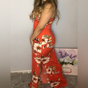 Orange Strapless Bodycon Dress with Slit